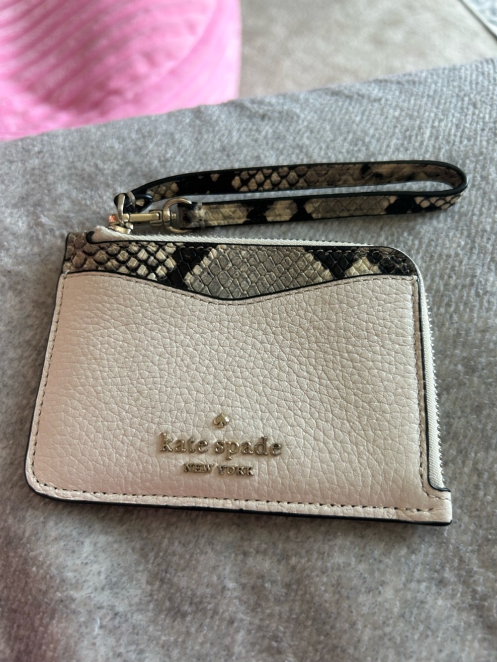 kate spade Cream Pebbled Leather Wristlet with Snake-Print Trim